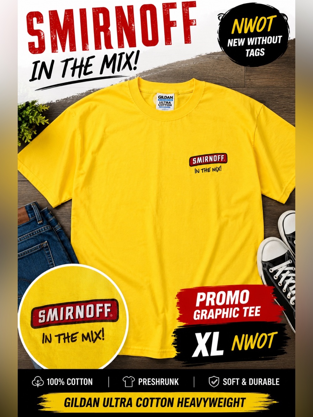 NWOT Smirnoff Vodka Promo Graphic Tee XL Yellow Gildan Heavyweight